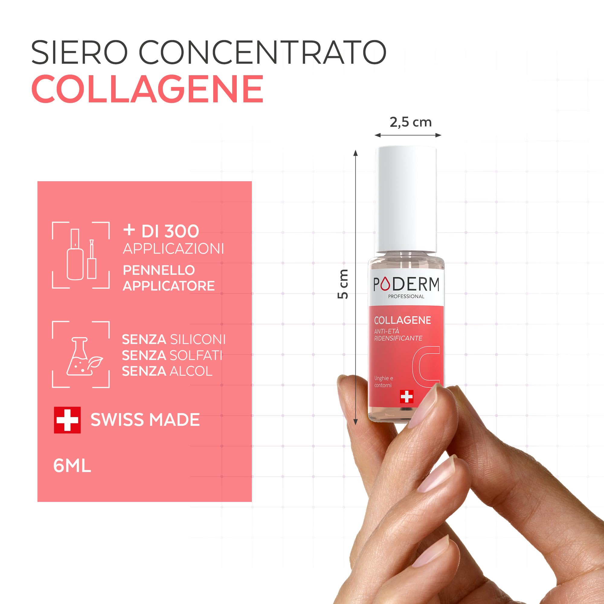 Poderm 5 in 1 Siero Booster Unghie - Collagene | Trattamento Ridensificante & Anti-Età per Unghie Indebolite - 6 ML | Idrata & Rafforza | 100% Naturale - Sviluppato da un Podologo in Svizzera