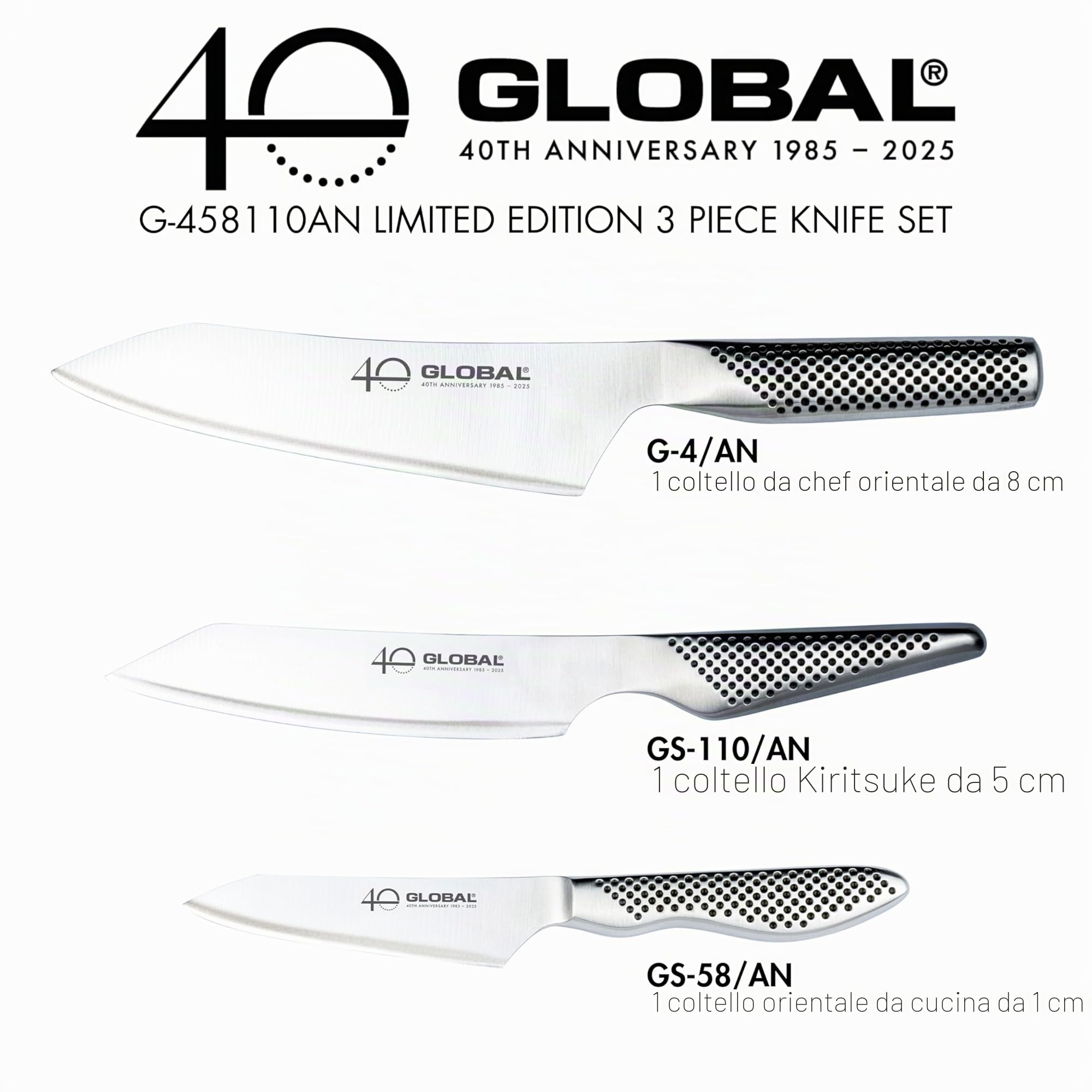 Global Set di 3 coltelli da cucina in edizione limitata per il 40° anniversario, lame in acciaio inox giapponese di alta qualità