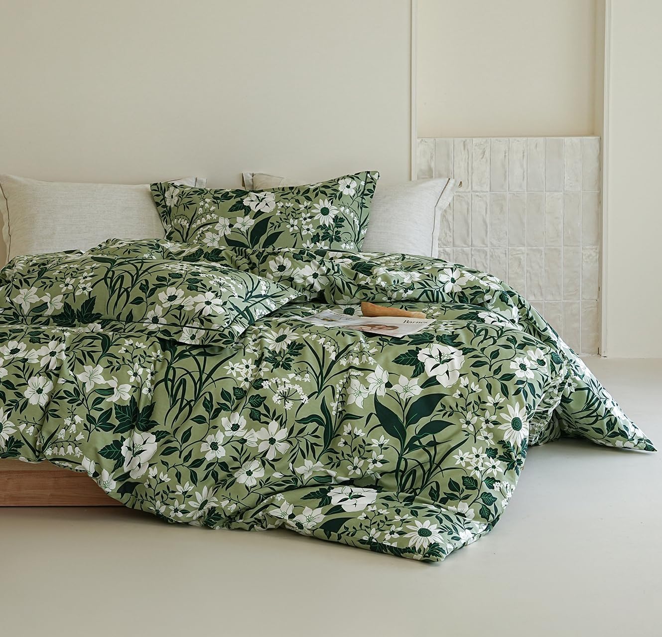 Floral Duvet Cover Queen Size 3pcs, 100% Cotton Green Leaf Botanical Printed Reversible Duvet Cover, Garden Style Soft Hypoallergenic Bedding Set for All Season