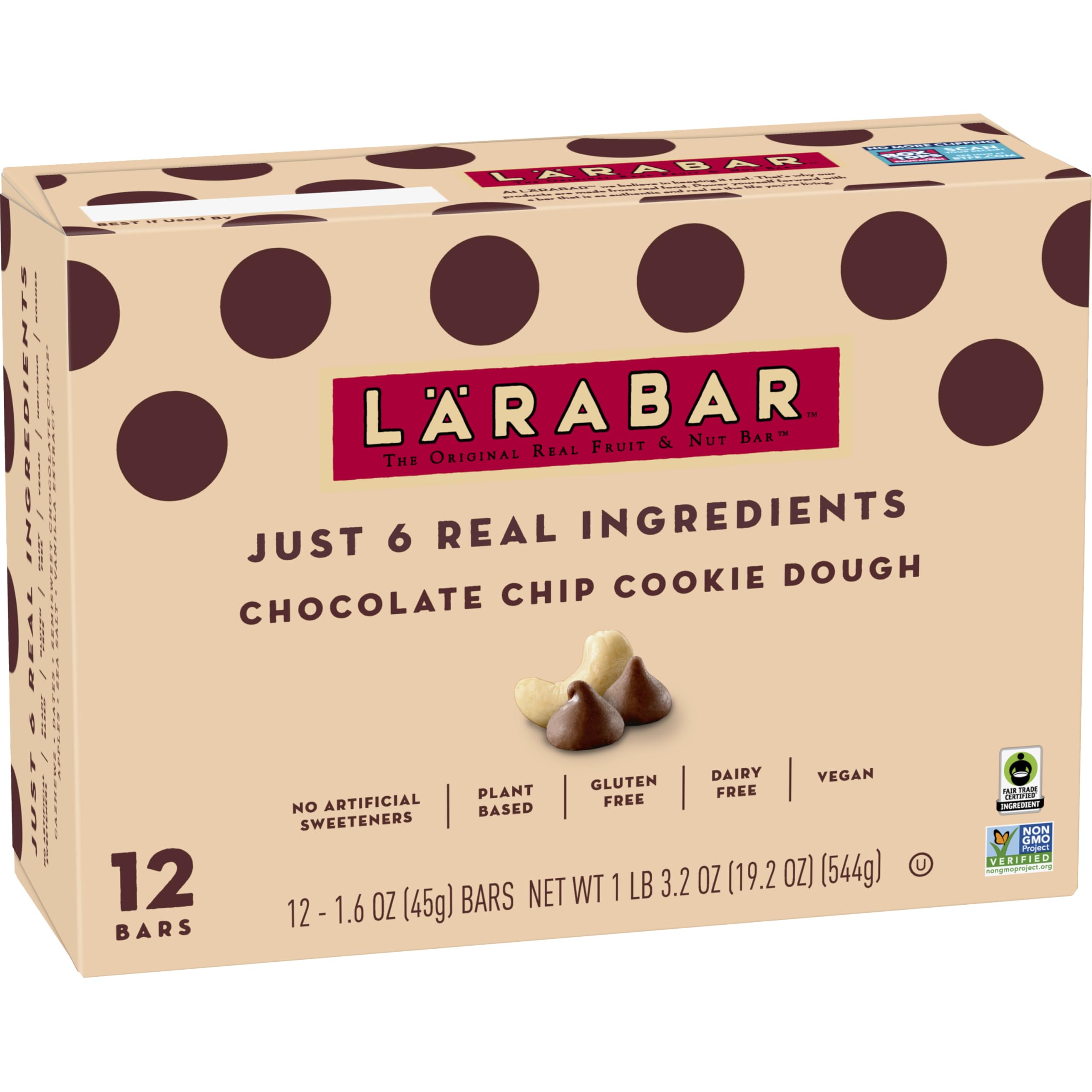 Larabar Chocolate Chip Cookie Dough, Fruit and Nut Bars, Gluten Free and Vegan, 19.2 oz, 12 Ct