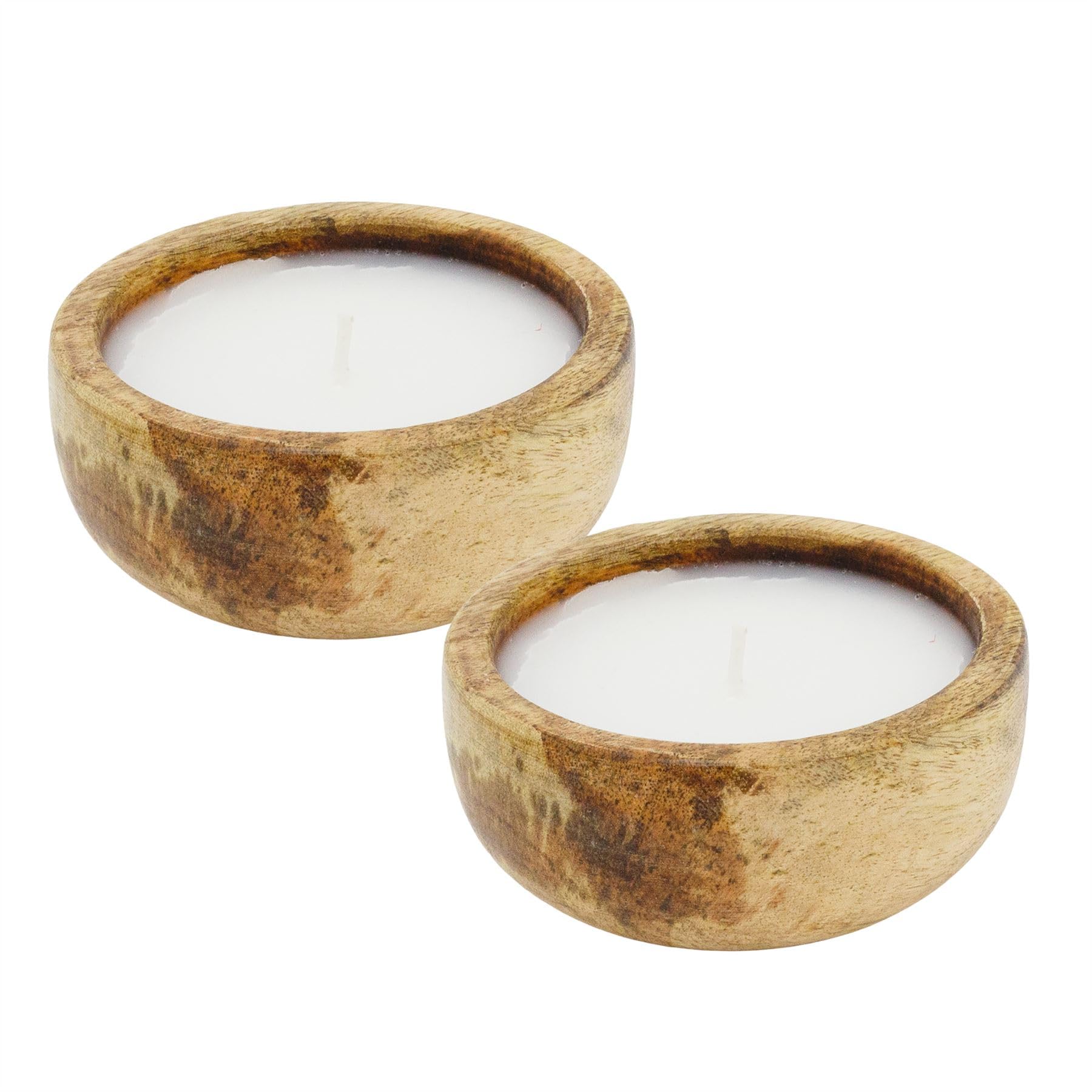 Carousel Home Natural Set Of 2 Small Mango Wood Scented Candles, 12Cm Rustic Wooden Candle Holders With White Wax Sandalwood And Bergamot Fragrance