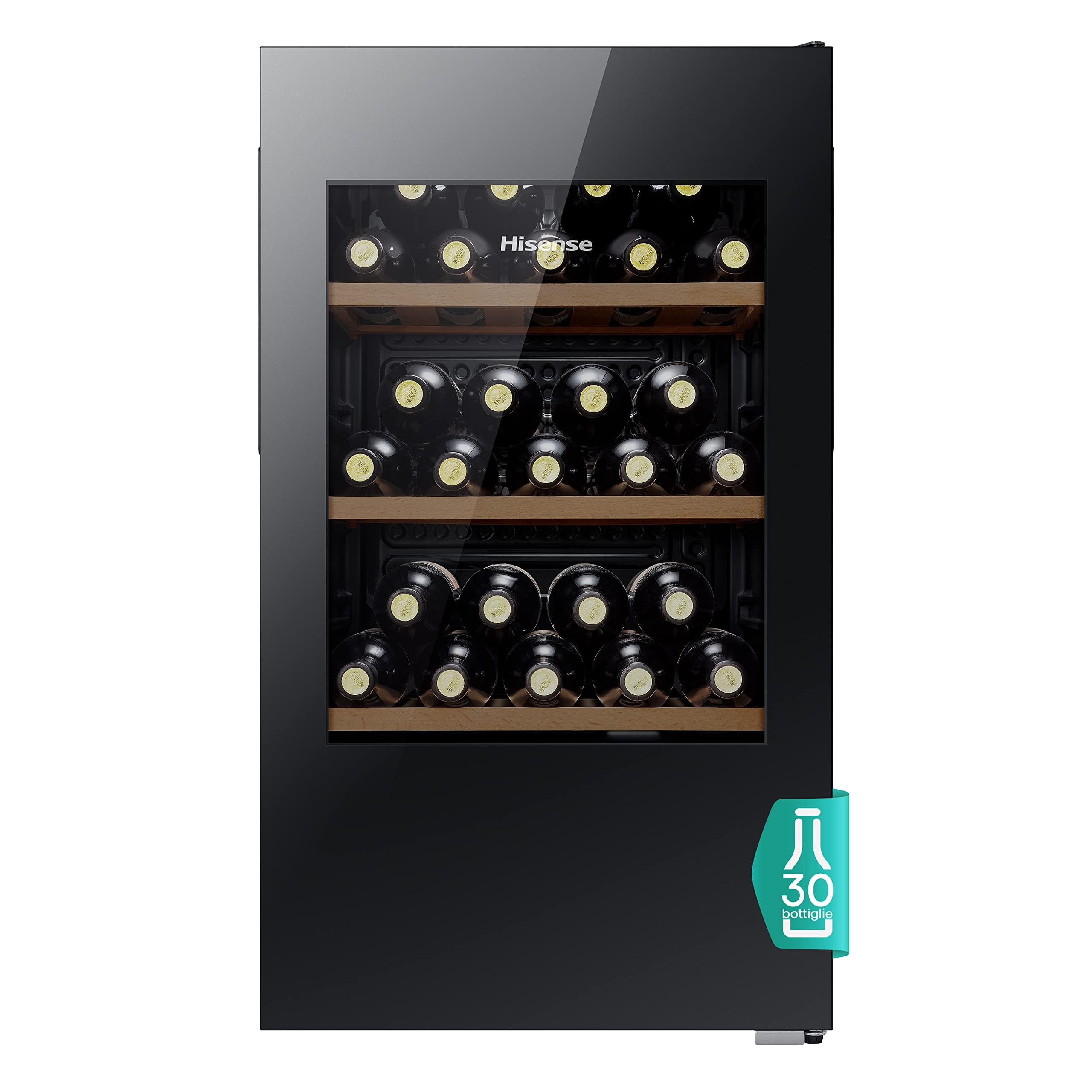 Hisense MWC4894GF - Bodega de Vino de 30 Botellas, monotemperatura, Vidrio Anti-UV, estantes de Madera, Pantalla táctil, iluminación LED, año 2023