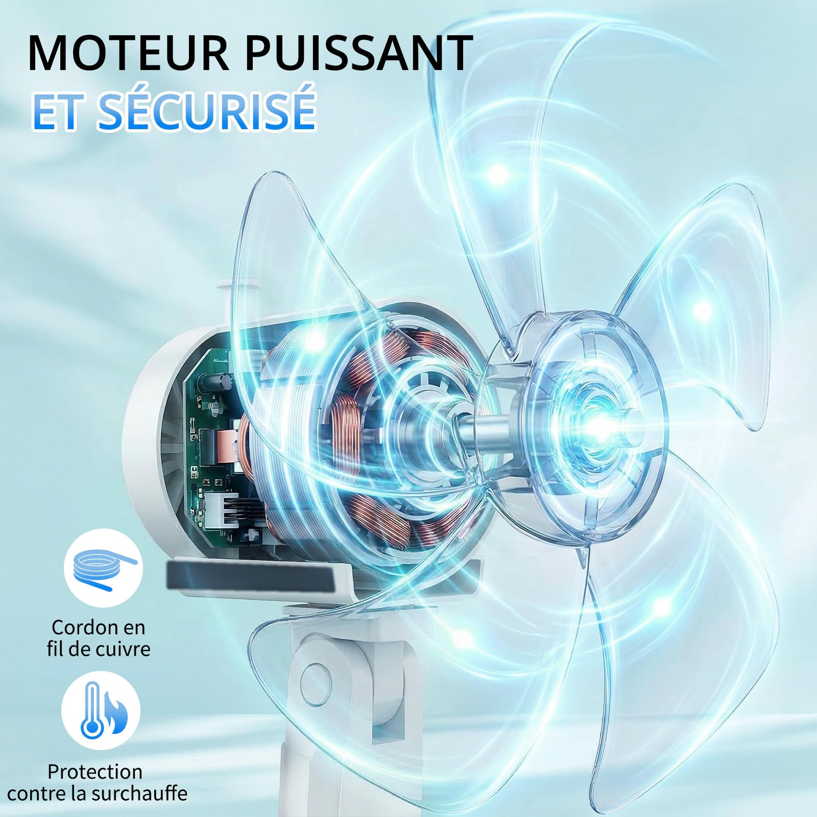 LEADZM Ventilateur pied 40cm 65W blanc hauteur 117-134cm | 5 pales double couche inclinable 3 modes minuterie intégrée