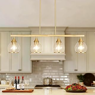 Island Light for Kitchen, 4-Light Gold Kitchen Island Linear Hanging Pendant Chandeliers, Brushed Gold Dining Room Light Fixture Over Table with Clear Round Glass Shades