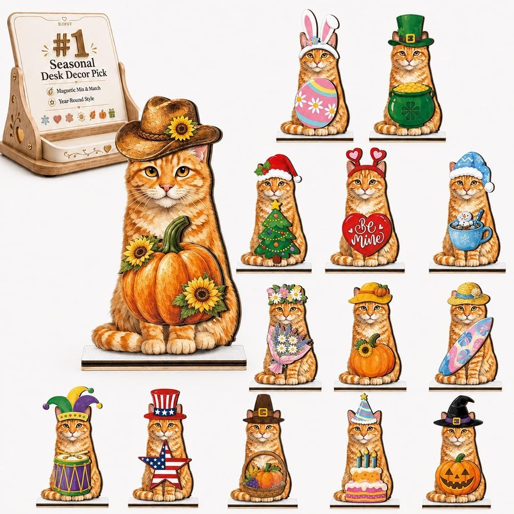 Interchangeable Seasonal Holiday Cat with Magnetic Outfits Wooden Desk Sign