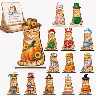 Interchangeable Seasonal Holiday Cat with Magnetic Outfits Wooden Desk Sign | Cute Magnetic Animal Tabletop Stand Accessories Set Removable Funny Desks Pet Home Office Decorations for Birthday Gift(#2)