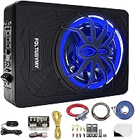 FOLTUSYMY 1200W 10" Slim Under Seat Powered Subwoofer for Car/Truck - Built-in Amp, Remote Control, Blue LED Lights