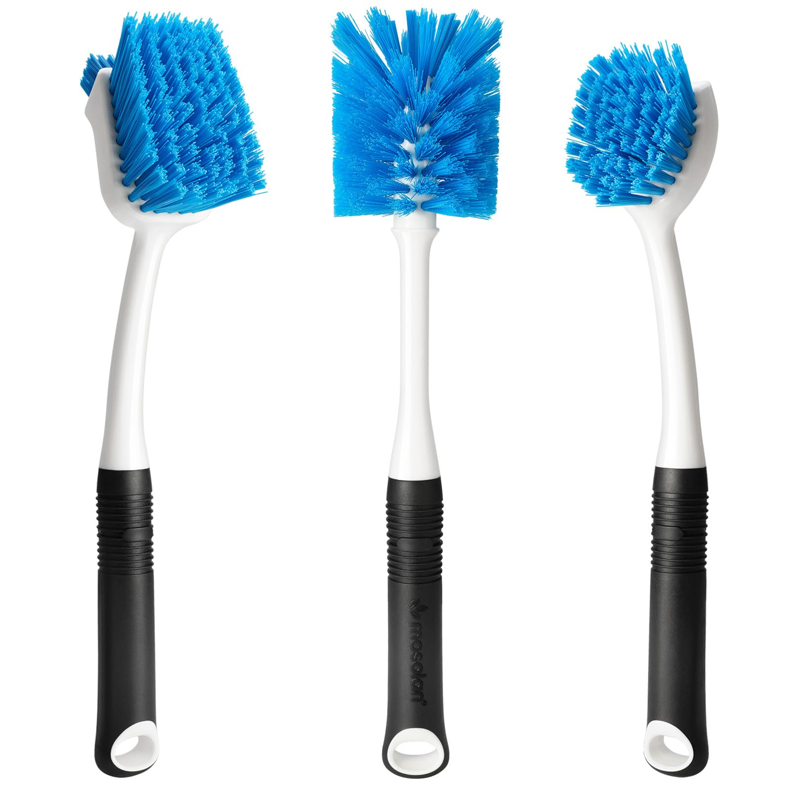 MOSOLAN Juego de 3 cepillos para platos con cepillo para botellas, cepillo para fregar platos, cabeza plana | Mango largo antideslizante para limpieza, estropajo, lavavajillas, platos, botellas, pajitas, tazas, ollas y fregadero