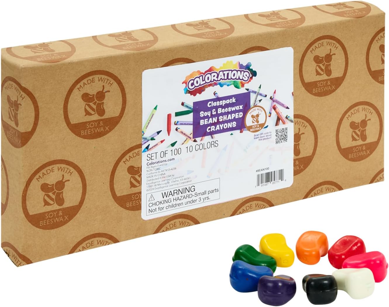 Colorations Classroom Value Pack Soy & Beeswax Bean Shaped Crayons - Set of 100