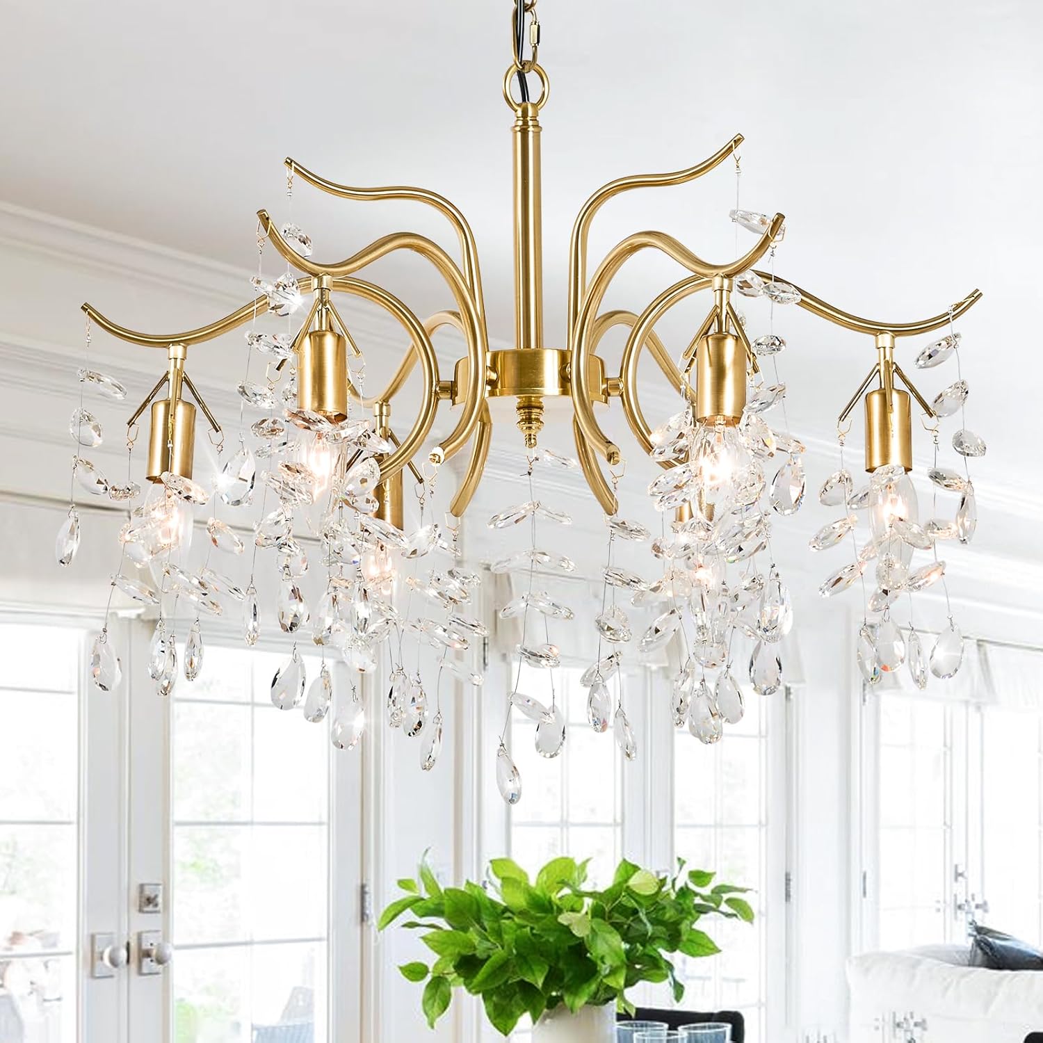 Tree Branch Crystal Chandeliers 22in Modern Gold Chandelier Light Fixtures E12 6-Light Ceiling Hanging Pendant Light for Living Room Foyer Dining Room