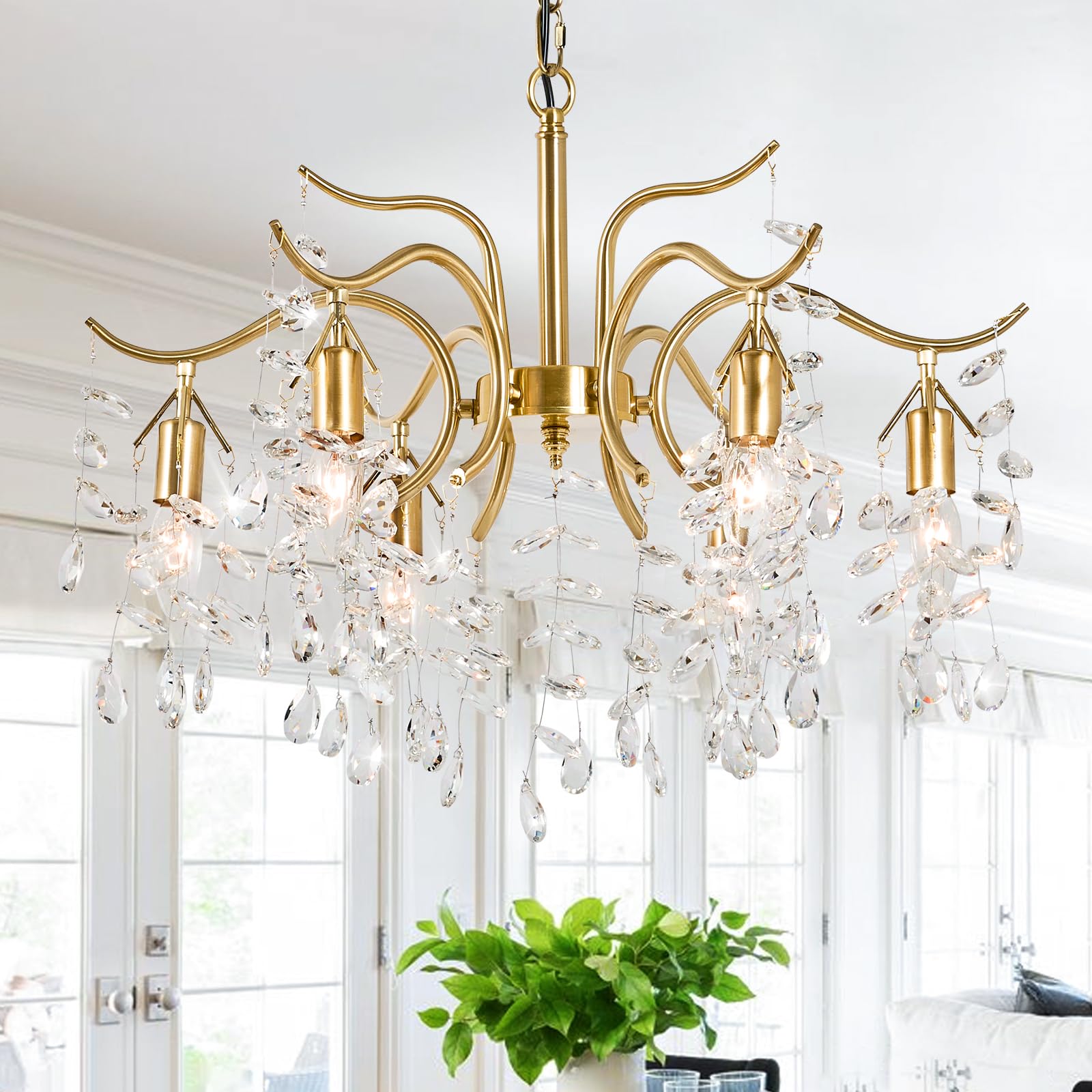 Afirstcght Tree Branch Crystal Chandeliers 22in Modern Gold Chandelier Light Fixtures E12 6-Light Ceiling Hanging Pendant Light for Living Room Foyer