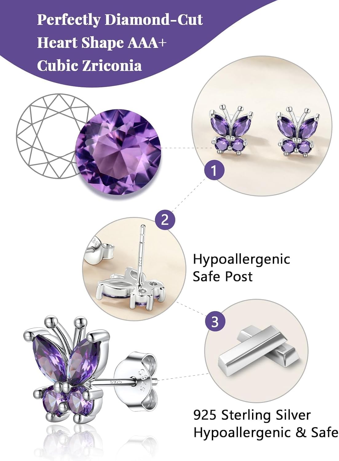 Silvora Birthstone Earrings for Women, 925 Sterling Silver Butterfly Stud, Small Butterfly Earrings Birthstone Jewelry - Image 7