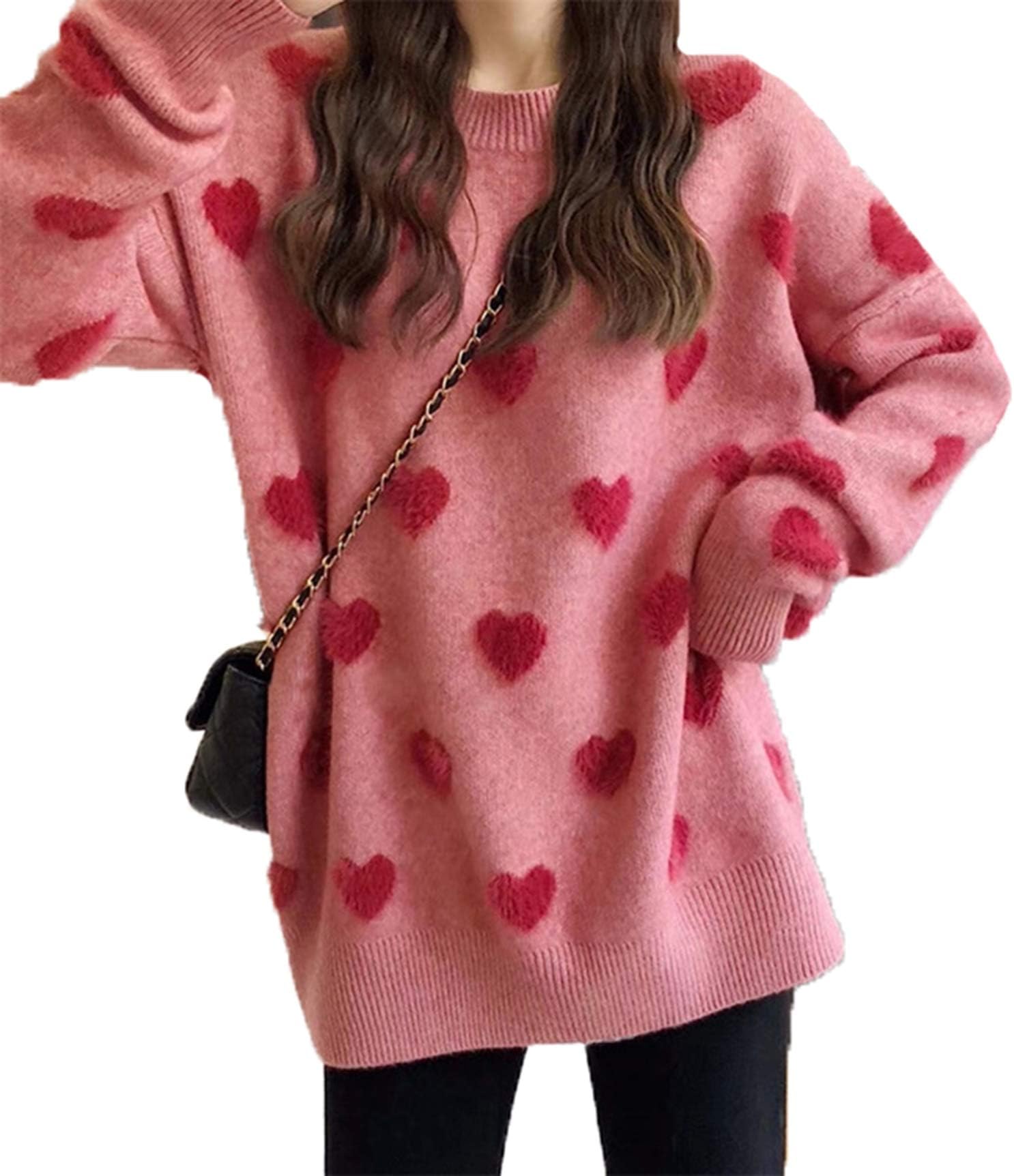 CORIRESHA Women's Casual Crewneck Comfy Fuzzy Hearts Knit Sweater Pullover Sweatershirt