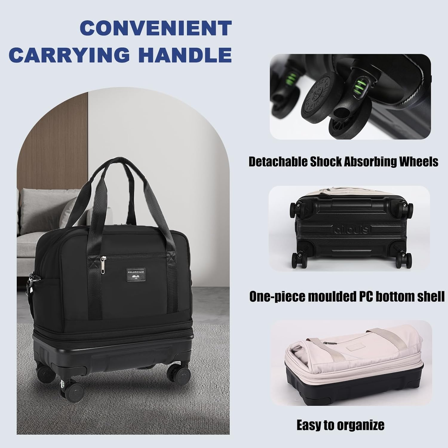 Rolling Duffle Bag with Detachable Shock Absorbing Wheels, Expandable Foldable Suitcase for Travel,Collapsible Luggage Carry on Duffel Overnight Weekend Bags - Image 6