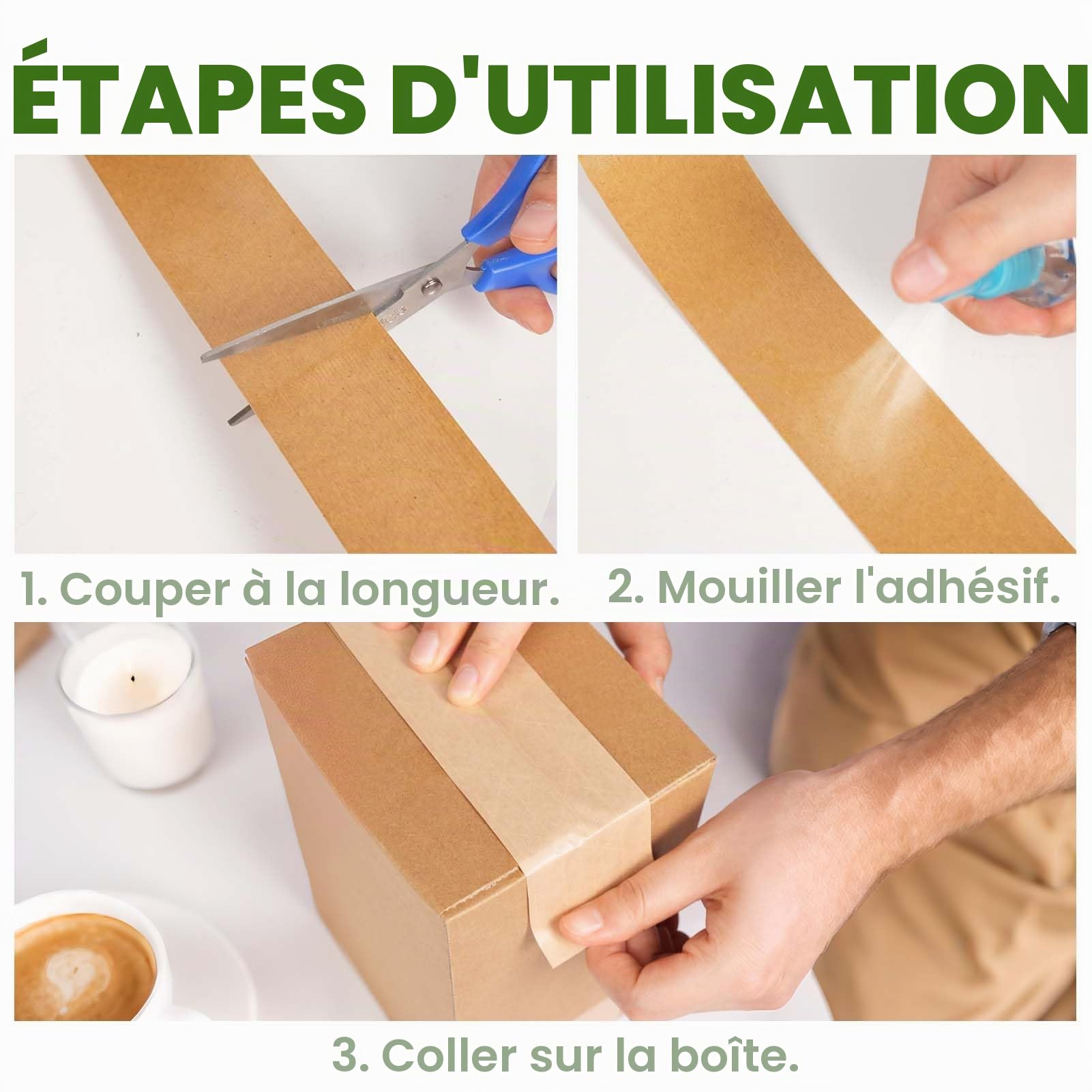 Adhésif 3 Rouleaux De Ruban Adhésif Activé Par L'Eau, 50MM X 50M Ruban