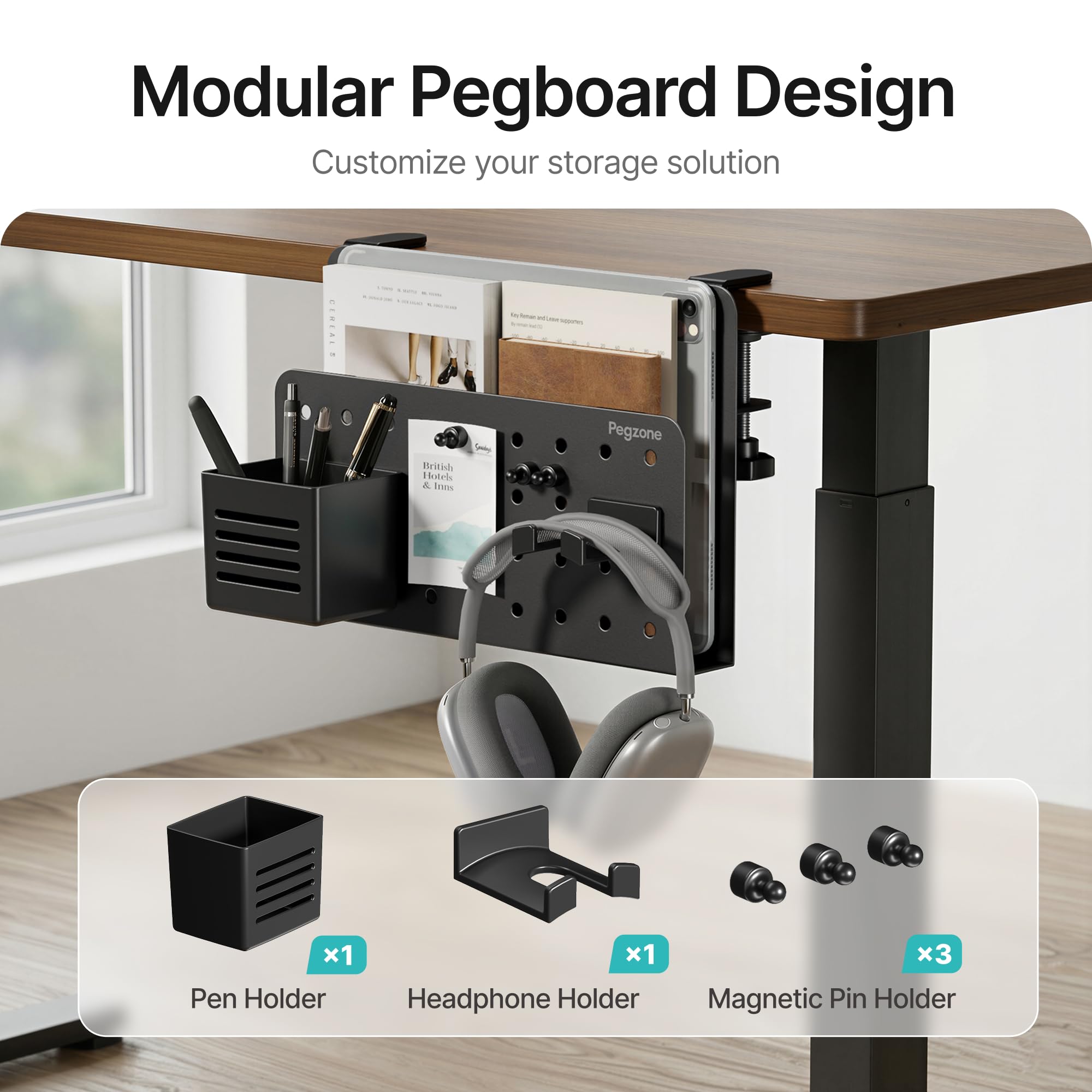 Supporto da scrivania laterale, supporto per computer portatile, organizer da scrivania con design a pannello forato, capacità di carico 10 kg, nero
