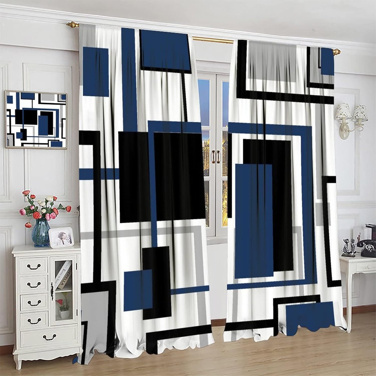 Black Grey Blue Rod Pocket Blackout Curtains for Bedroom - Modern Abstract Art Geometric Plaid Mid Mid Center Window Treatment,Thermal Insulated Room Darkening Curtains 2 Panels 63L x 21W