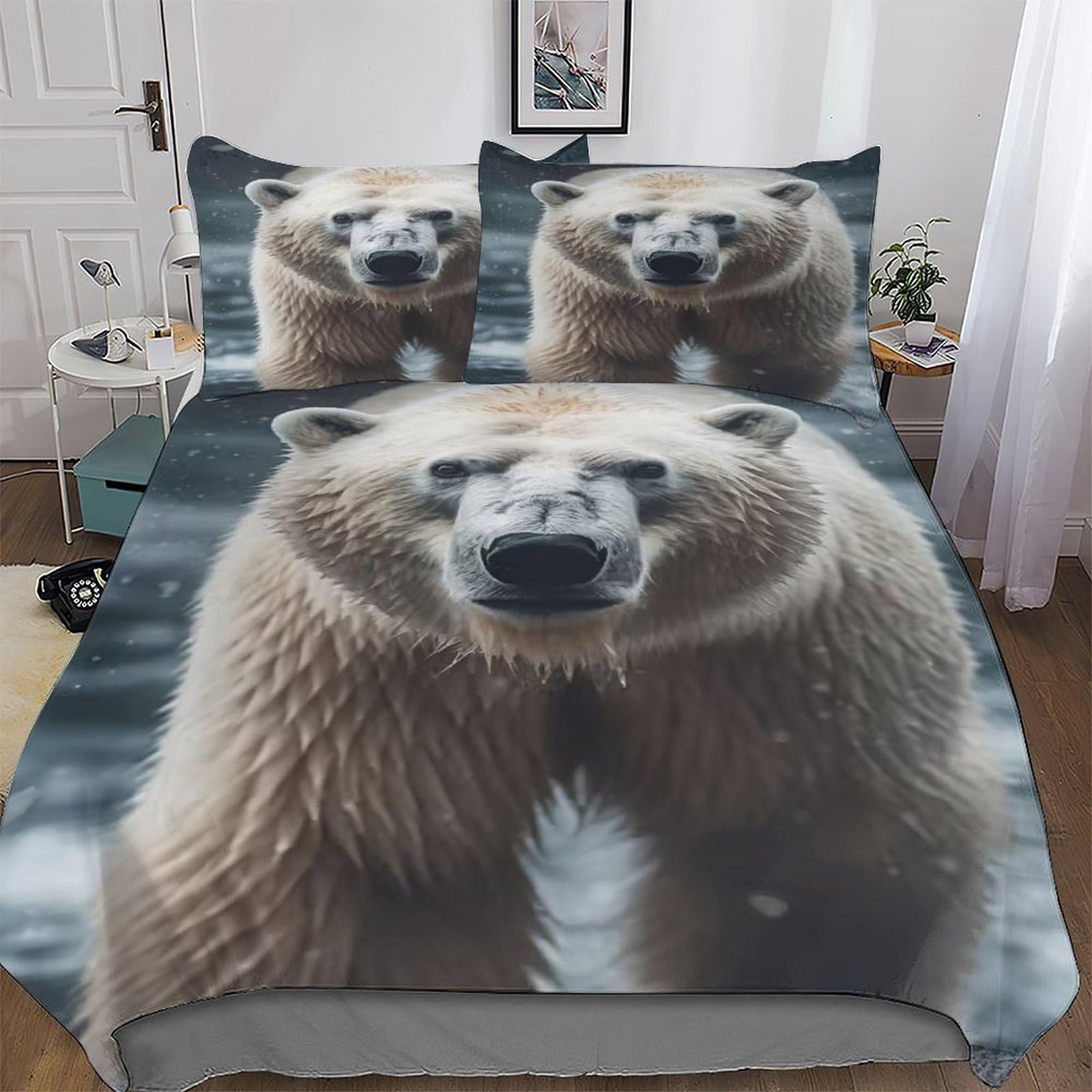 Housse de couette ours polaire 220x240 cm microfibre thermorégulatrice avec taie d'oreiller 3D