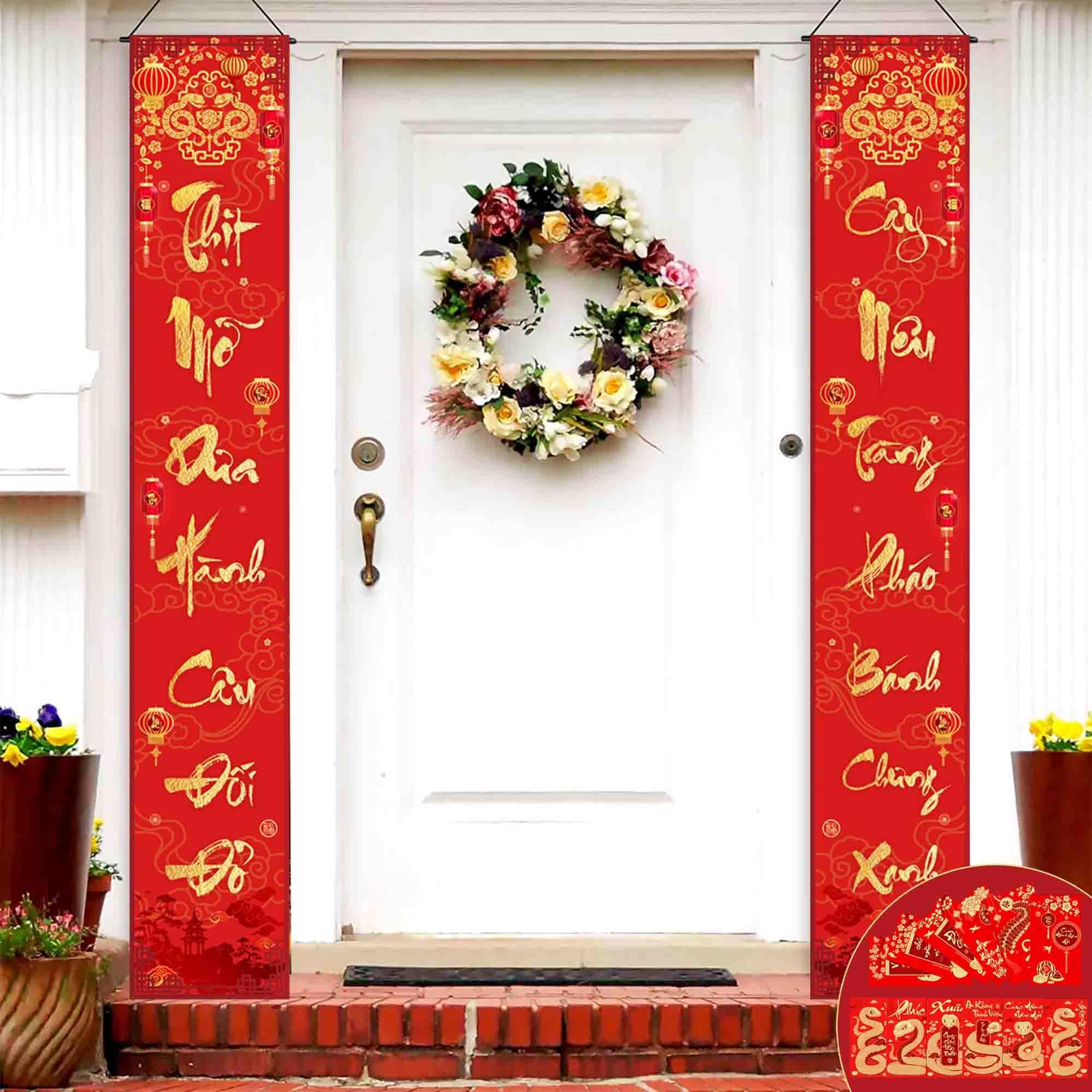 IRCOR Tet Decorations 2025 Couplet with 12 Red Envelopes Vietnamese New Year Banners for Outside Vietnamese Lunar New Year Decorations 2025