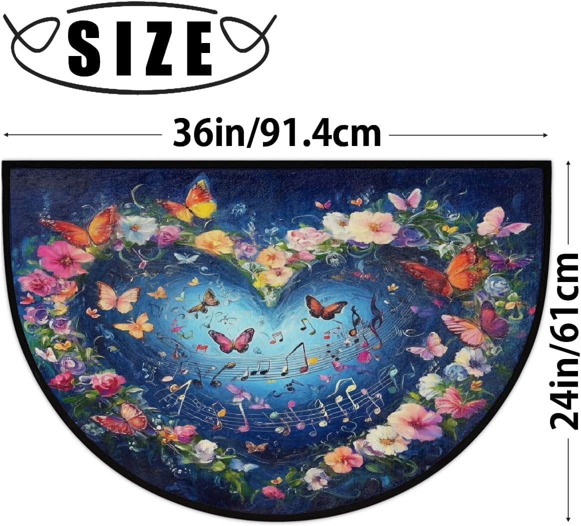 Heart-Shaped Musical Flowers Butterflies Half Round Door Mat Half Circle Area Rug Doormat Non-Slip Half Moon Rug for Indoor Outdoor Kitchen Home Decor Valentine