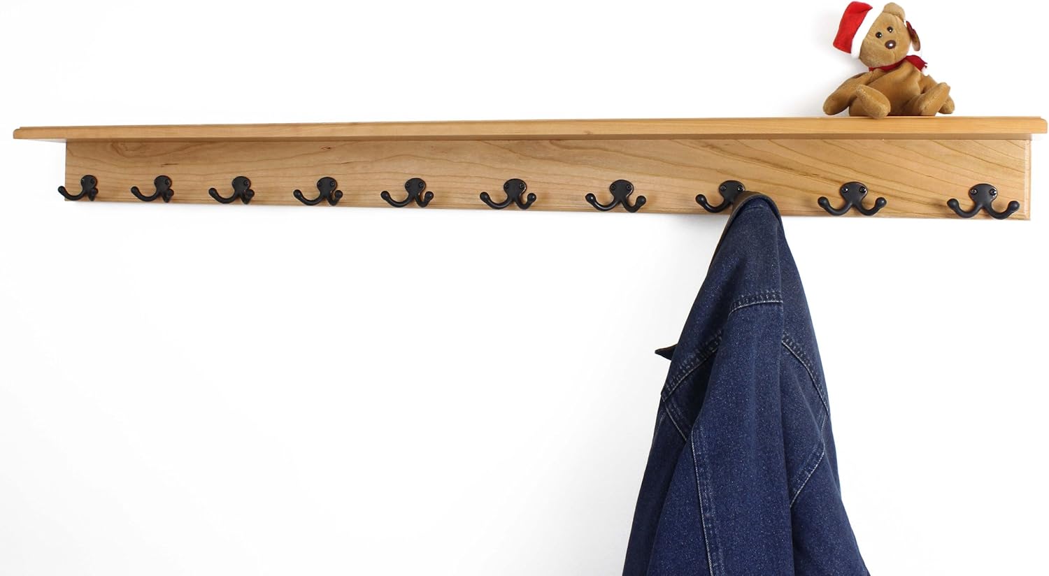 Solid Cherry Shelf Coat Rack with Aged Bronze Double Style Hooks - Made in The USA (Natural, 26" with 5 Hooks)
