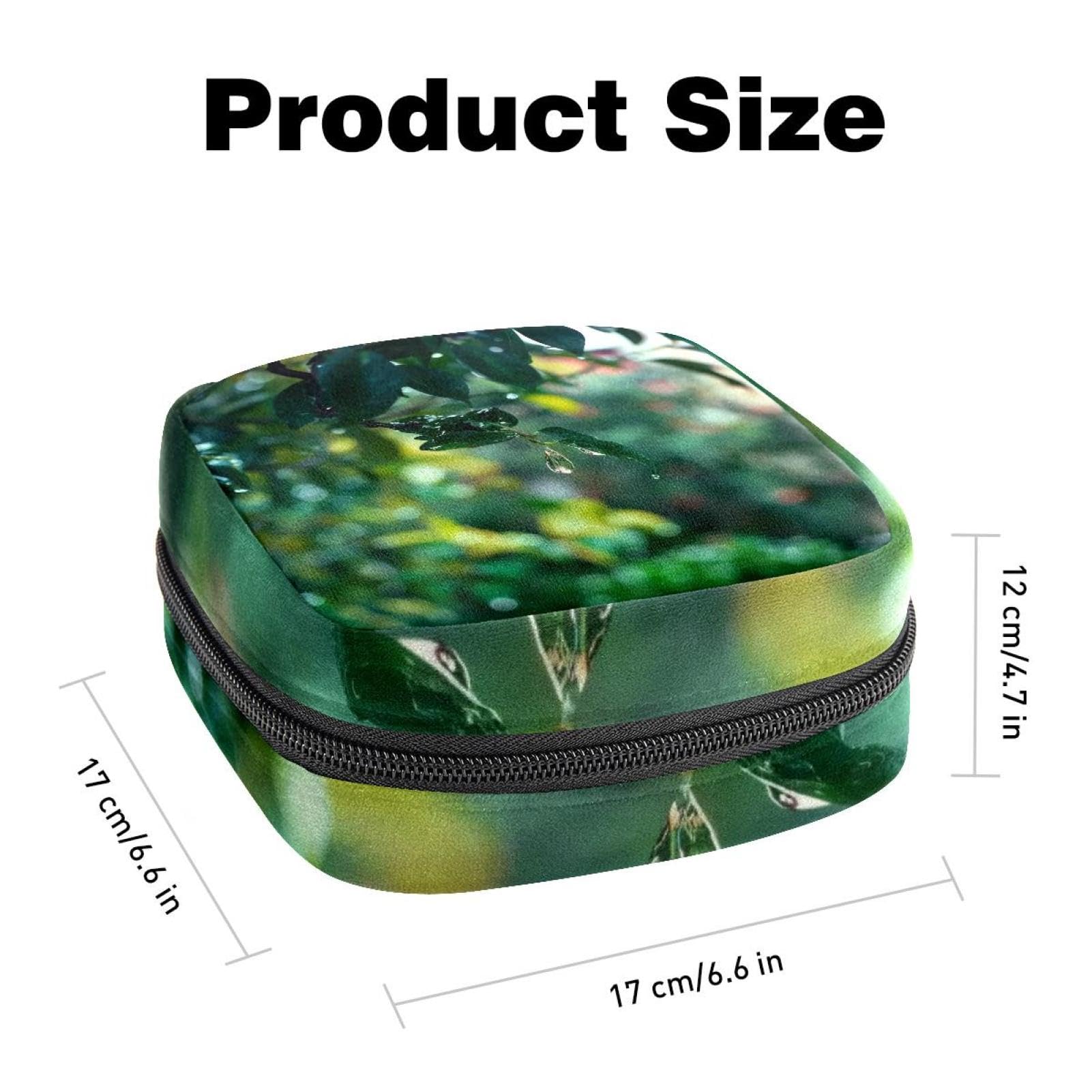 Sanitary Napkin Storage Bag for Women Cute, Feminine Menstruation Pad Holder for Period, Portable Zipper Menstrual Pad Bags Rain Drops and Leaves