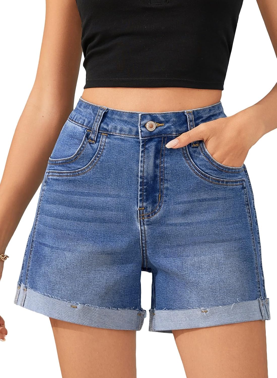 Sidefeel Womens Jean Shorts High Waisted Stretchy Folded Hem Casual Trendy Patchwork Loose Fit Summer Denim Shorts