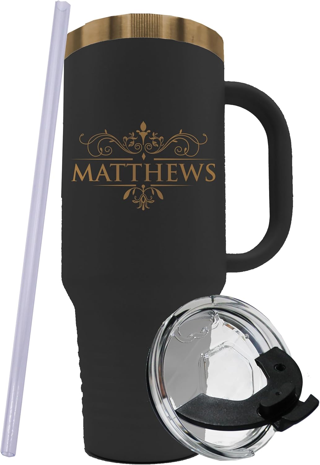 Custom Monogrammed 40 oz Tumbler with Handle, Lid and Straw - Personalized Insulated Stainless Steel Large Cup (Black with Gold)