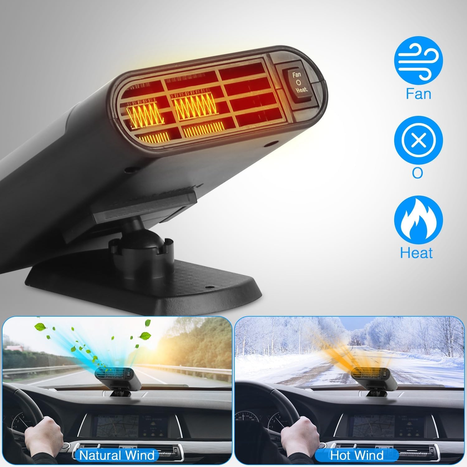 24V Car Truck Heater 200W - Fast Heating & Fan Mode, 360° Adjustable 2-in-1 Defroster Defogger for Van, Bus, Camping & Travel