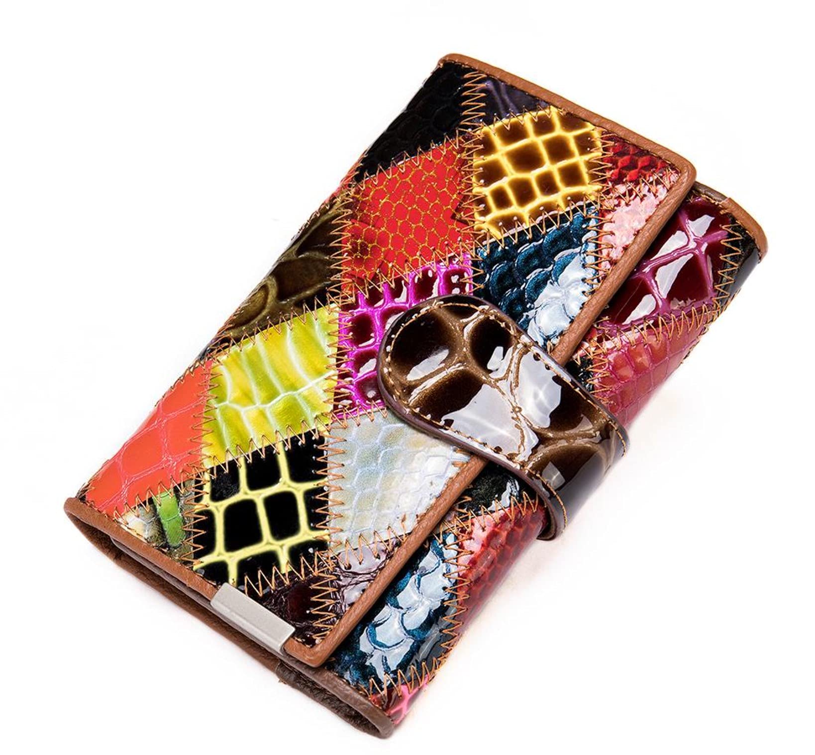 Aurexa Women's Genuine Leather Wallet Patent Leather Retro Vintage Patchwork Embossed Flower Floral Wristlet Clutch Bag (Short, Short, Trifold Patent