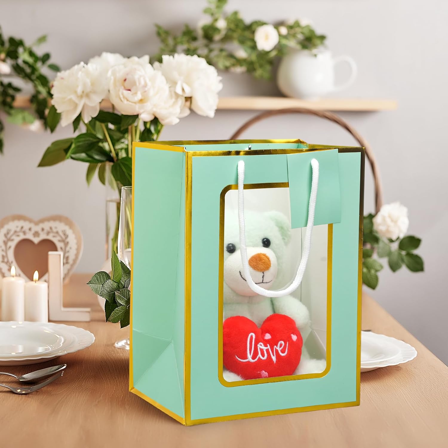 Affrolling 36 Pcs Sage Green Kraft Paper Gift Bags with Clear Transparent Windows, Handles and Tags 7.1 x 5.12 x 9.84 Inch Clear Gift Bags for Wedding Mother's Day Gift Wrap