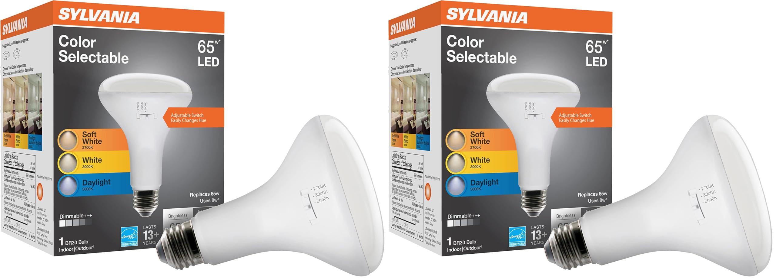 Sylvania LED BR30 Light Bulb, 65W : 8W, 3 CCT Select (2700K / 3000K / 5000K), 13 Year, Dimmable, 650 Lumens, Energy Star - 2 Pack (41382)