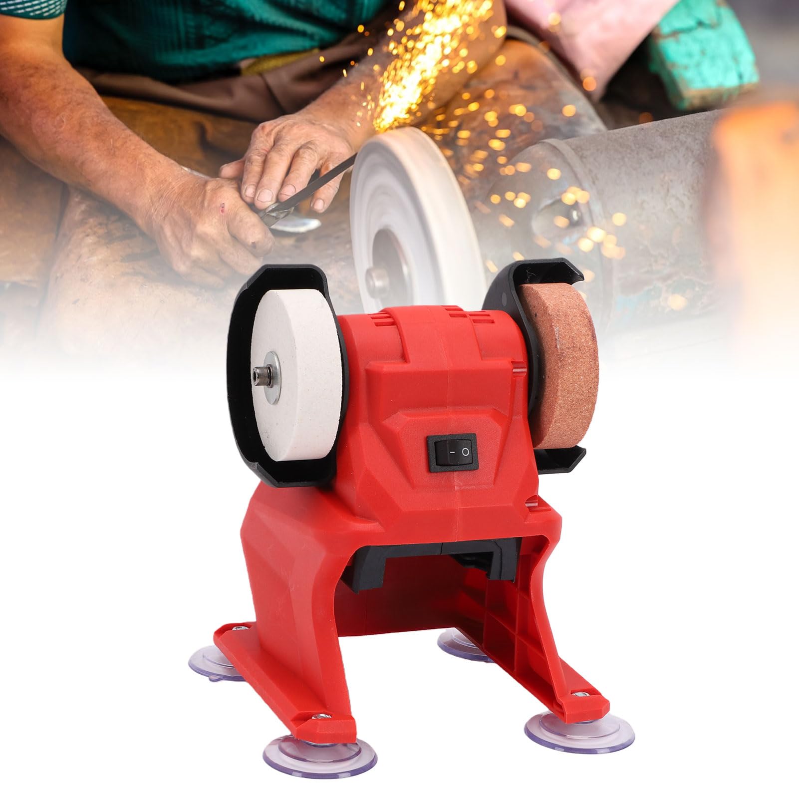 Asixxsix Mini Amoladora de Banco, Lijadora Pulidora Inalámbrica con Batería de 5500 RPM y 18 V con Ruedas de Corindón Fino y Grueso Cubierta Protectora de Metal para Eliminar óxid