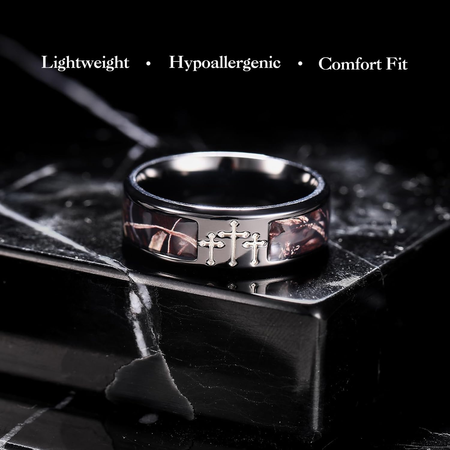 King Will Cross Titanium Wedding Band for Men Women-8mm Width Wedding Ring in Black/Sliver/Gold Plated with Brown Camouflage Inlay Comfort Fit Size 7-14