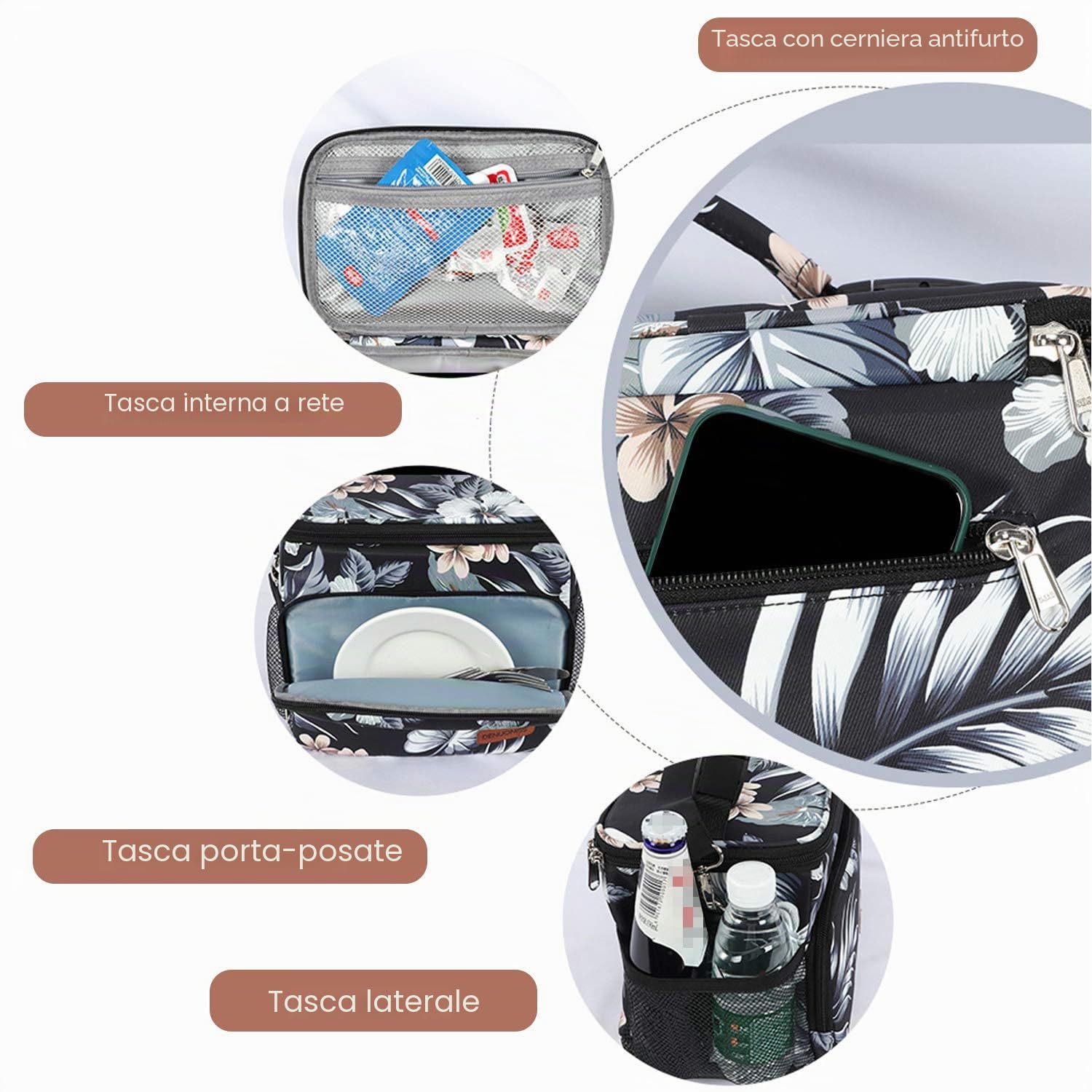 FANDARE Moda Borsa Termica Isolante Pranzo al Sacco Borsa da Picnic Borsa frigo Acquisti Auto Borsa a tracolla per Campeggio Nautica Spiaggia Pesca Scuola Lavoro Lunch Bag Poliestere Nero C