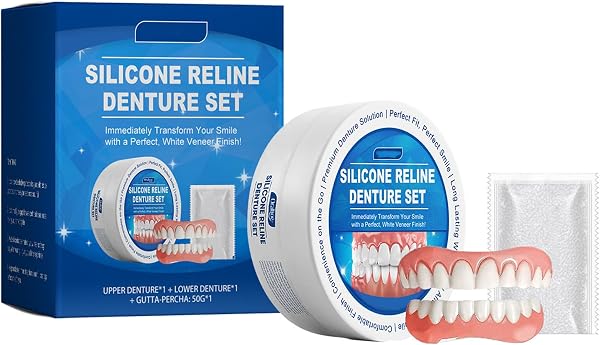 Kit complet de prothèses dentaires en silicone - Prothèses dentaires confortables - Doublure en silicone - Prothèses dentaires souples à clipser - Prothèses dentaires cosmétiques temporaires - 1