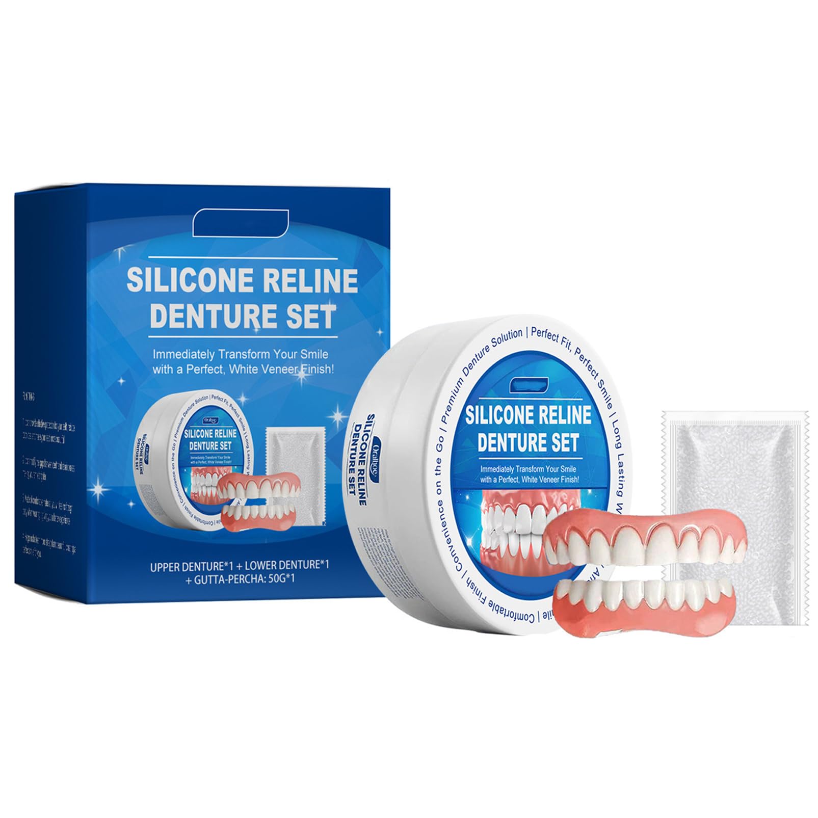 Silicone Reline zestaw do zębów, zestaw silikonowych protez zębowych, kompletny zestaw protez, wygodne protezy silikonowe, miękkie protezy do nakładania, kosmetyczne, tymczasowe protezy