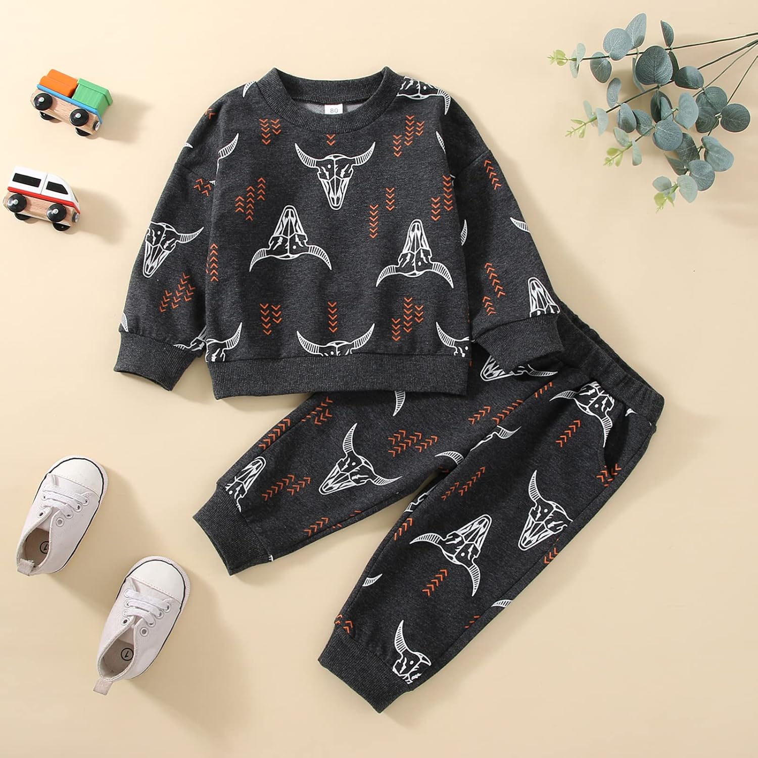 Baby Boy Clothes Cow Print Long Sleeve Crewneck Sweatshirt Top Long Jogger Pants Fall Winter Western Cowboy Outfit