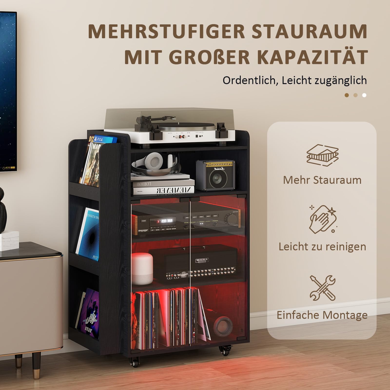 YU YUSING HiFi Rack mit Steckdosenleisten LED-Leuchten4 Ebenen mit Rädern