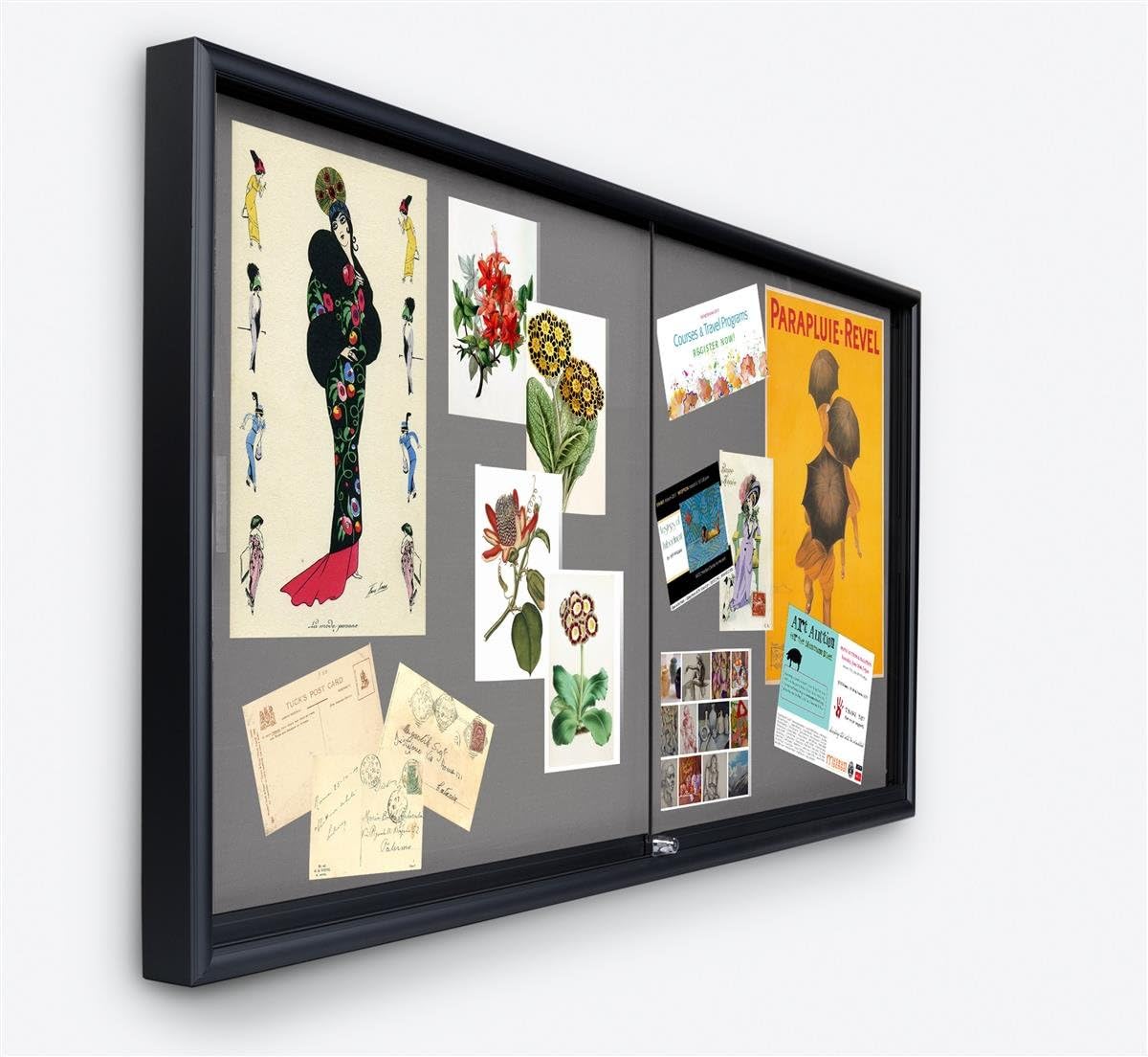 Displays2go, 72" w x 36" h Aluminum Bulletin Board with Gray Fabric Backer, Wall Mounted, Sliding Glass Doors, Black Surround (ENFB63BKSV)