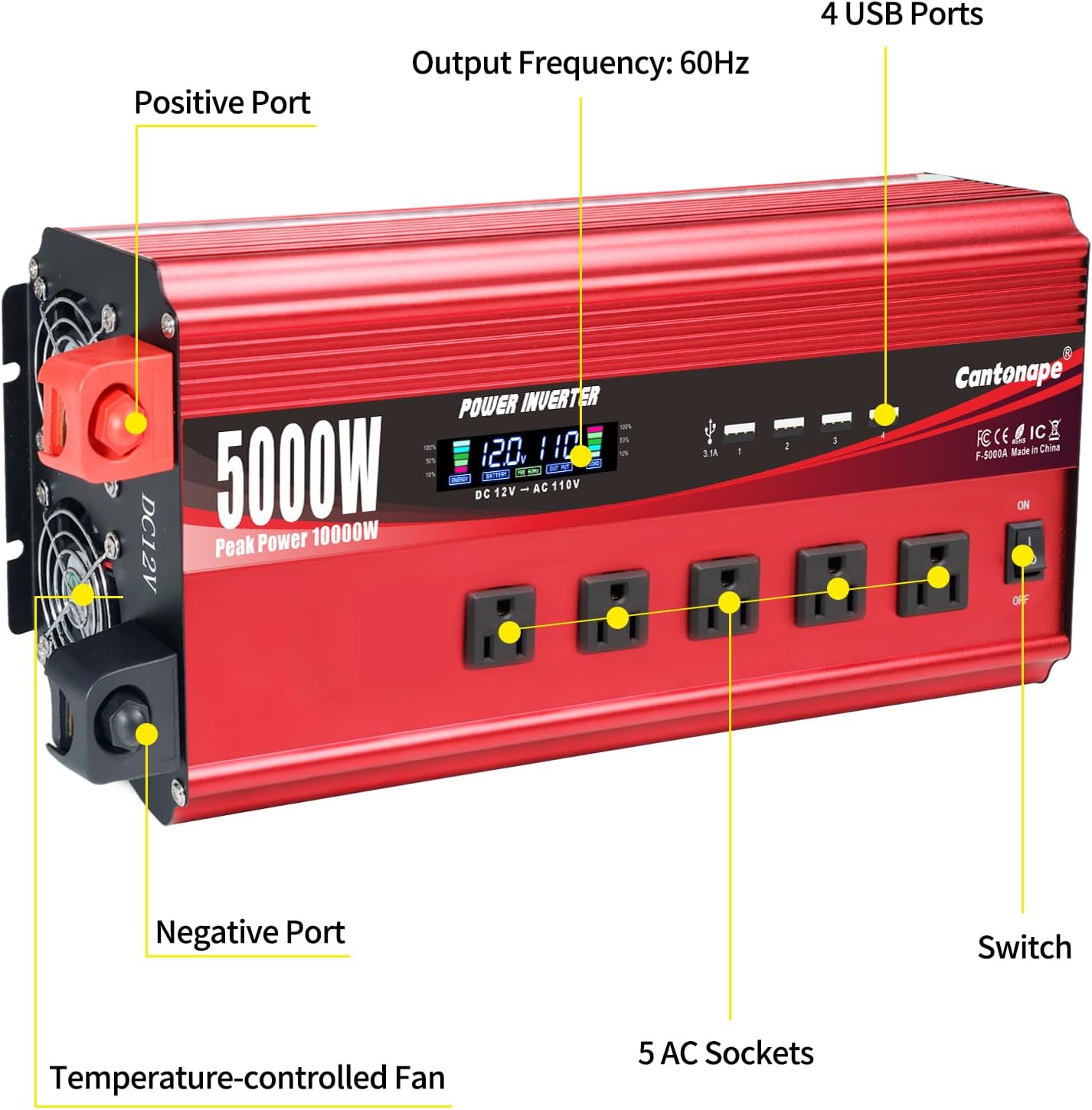 5000W Power Inverter 12V to 110V/120V DC to AC with LCD Display, Remote Controller 5 x AC Outlets and 4 x 3.1A USB Car Adapter for Car Truck Boat RV Solar System