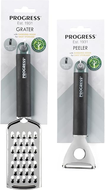 Progress COMBO-8271 Peeler and Grater Set, Durable Stainless Steel, for Peeling Fruits/Vegetables, Grating Cheese, Zesting Citrus, Soft Touch Handles, Hanging Hook, Shimmer Collection, Black/Green