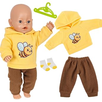 Baby Dolls Doll Clothes 35-43 cm Pack of 4 Clothes for 14-18 Inch Baby Dolls 1 Bee Hoodie 1 Brown Trousers 1 Pair of Socks 1 Hanger Cute Cartoon Doll Clothes Gifts for Children Girls Boys