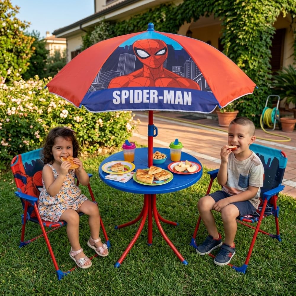 Set Giardino Bambini Spiderman Marvel con 2 Sedie Tavolino e Ombrellone Tavolo Mare Pieghevole Supereroe Sedie 35x38x52 cm Portata 30 kg Età 3+