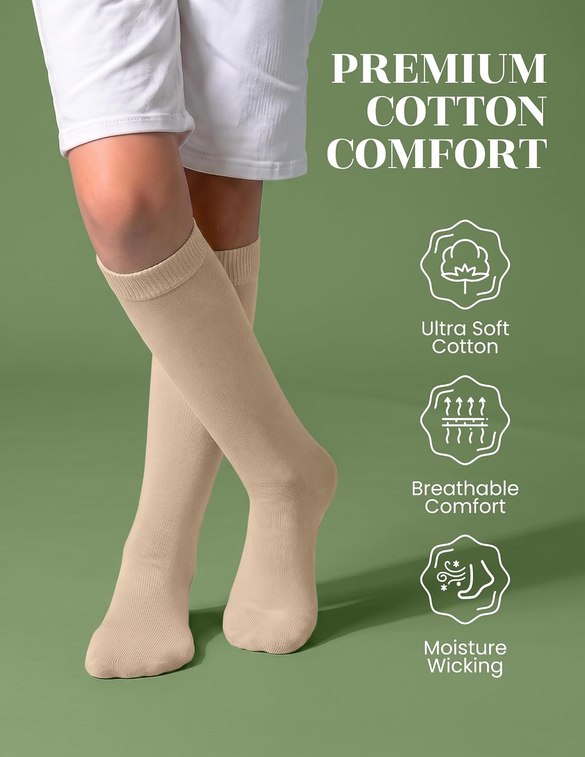 Hugh Ugoli Knee High Cotton Socks for Girls, Kids, 4 Pairs, School Uniform