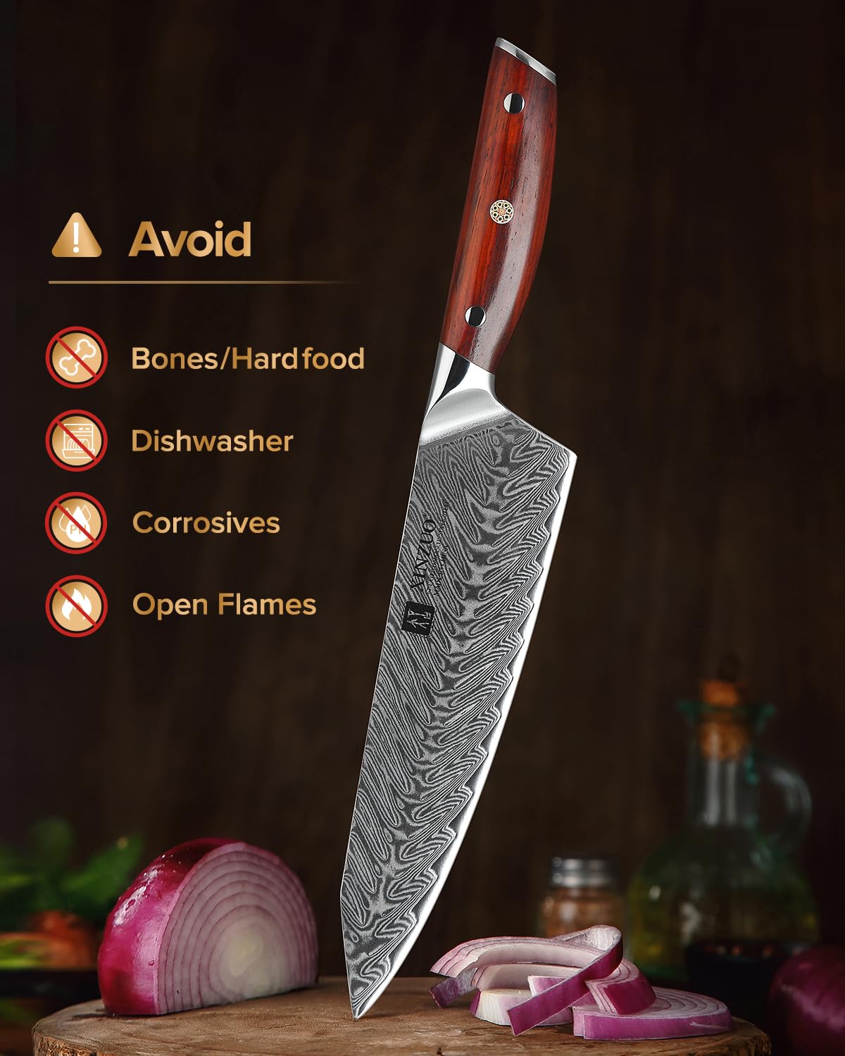 XINZUO Acciaio Damasco Set Coltelli da 7 Pezzi con Portacoltelli, Professionale Coltello da Chef Santoku Pane Universali Frutta, Forbici da Cucina Multifunzione, Manico Rosewood Ergonomico -Yi Serie