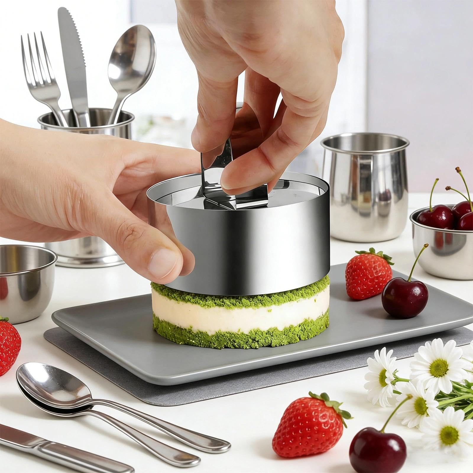 Sikweny 4 Piezas Aros Emplatar Acero Inoxidable, Moldes Cocina con Putter Moldes Tartar Circular, Anillos de Postre Reutilizable para Mousse Tartas Pasteles Glaseados (8 CM) — view 5