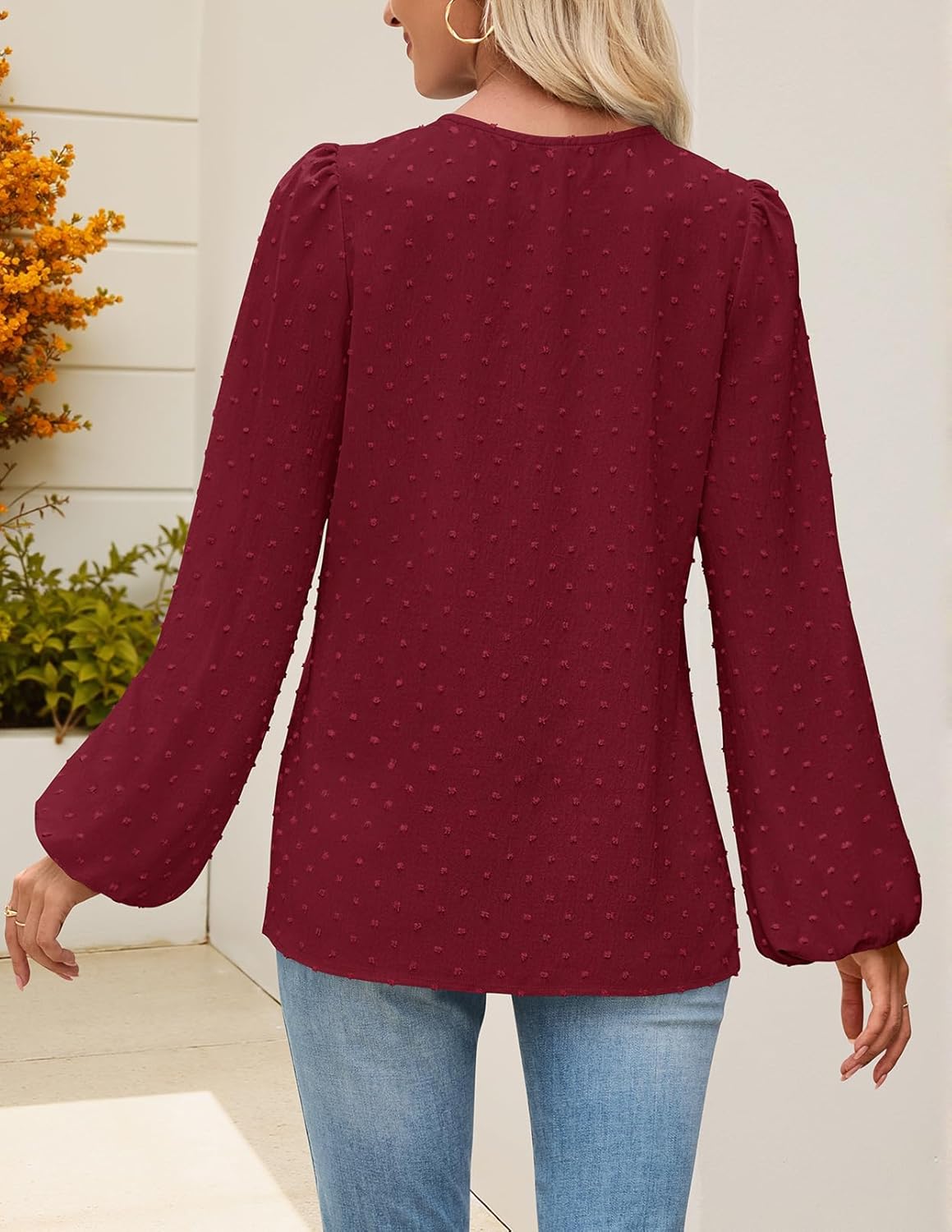 MEROKEETY Women's Fall Long Sleeve Blouse Shirt 2025 Dressy Casual Crochet Lace V Neck Swiss Dot Tops - Image 3