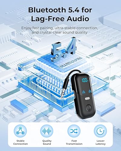 Vista 2 de Receptor transmisor Bluetooth 5.4 aptX adaptativo para 2 AirPods/auriculares, adaptador de audio Bluetooth 2 en 1 con micrófono y pantalla LED