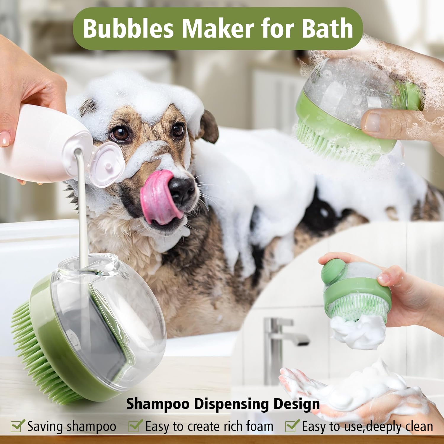 Dog Bath Scrubber Brush, 2 PCS Pet Dog Grooming Massage Shampoo Bath Brush with Soap and Shampoo Dispenser Soft Silicone Bristle for Long Short Haired Dogs Cats Shower - image 4
